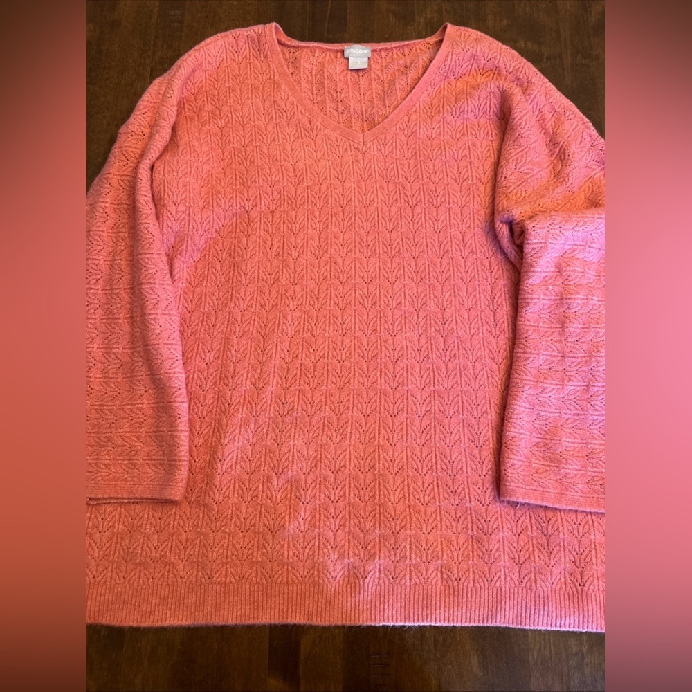 Chicos Women 3 Coral Cable-Knit Sweater Spring Easter Coastal Prairie XL
